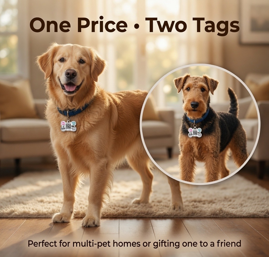 Two QR pet tags for multi-pet homes or gifting