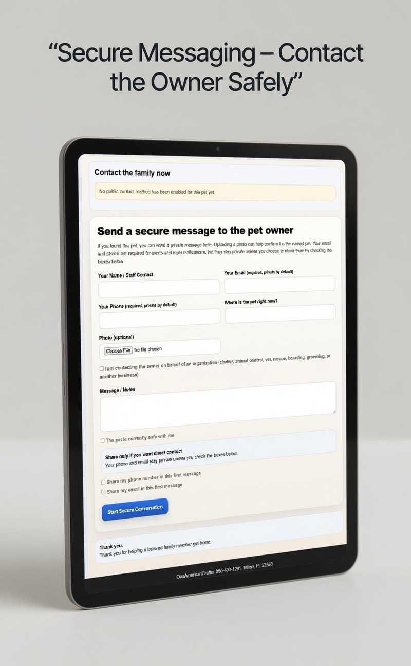 Secure finder messaging screen for contacting the owner safely