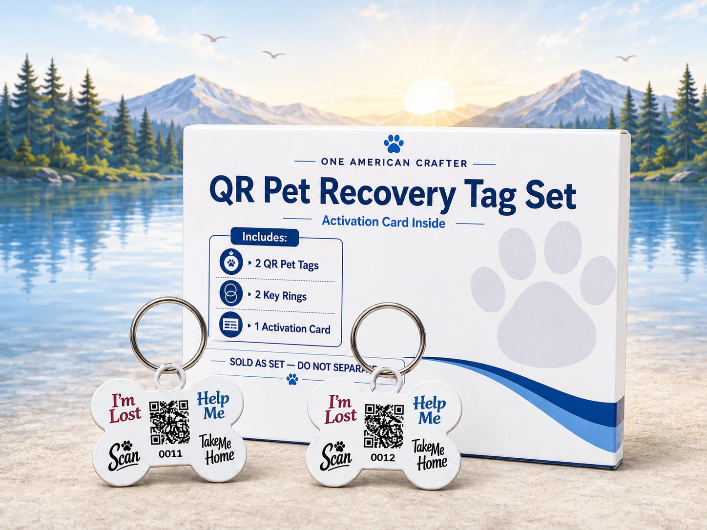 QR Pet Recovery Tag Set display